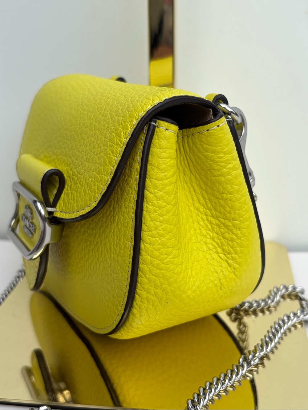Coach Mini Morgan Saddle Crossbody Bag Neon Yellow Silver Chain Strap Purse - Picture 4 of 8